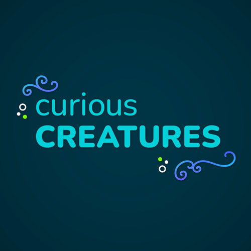 animation still of video title, curious creatures, with whimsical dots and swirls