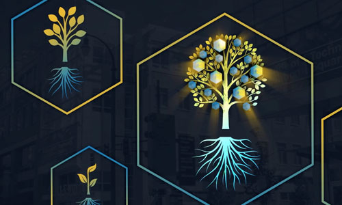 still from innovation ecosystem video featuring glowing tree symbols