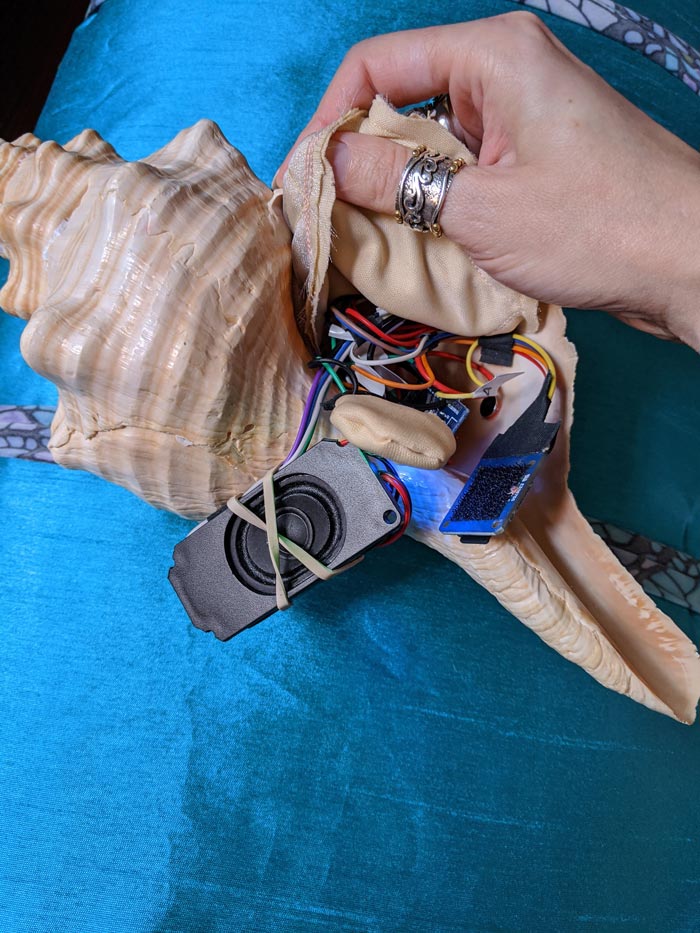 electronic components overflowing and being tucked into a seashell