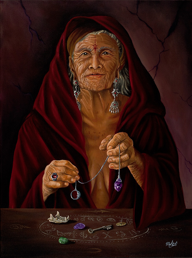 painting of a beautiful elder woman divining with stones 