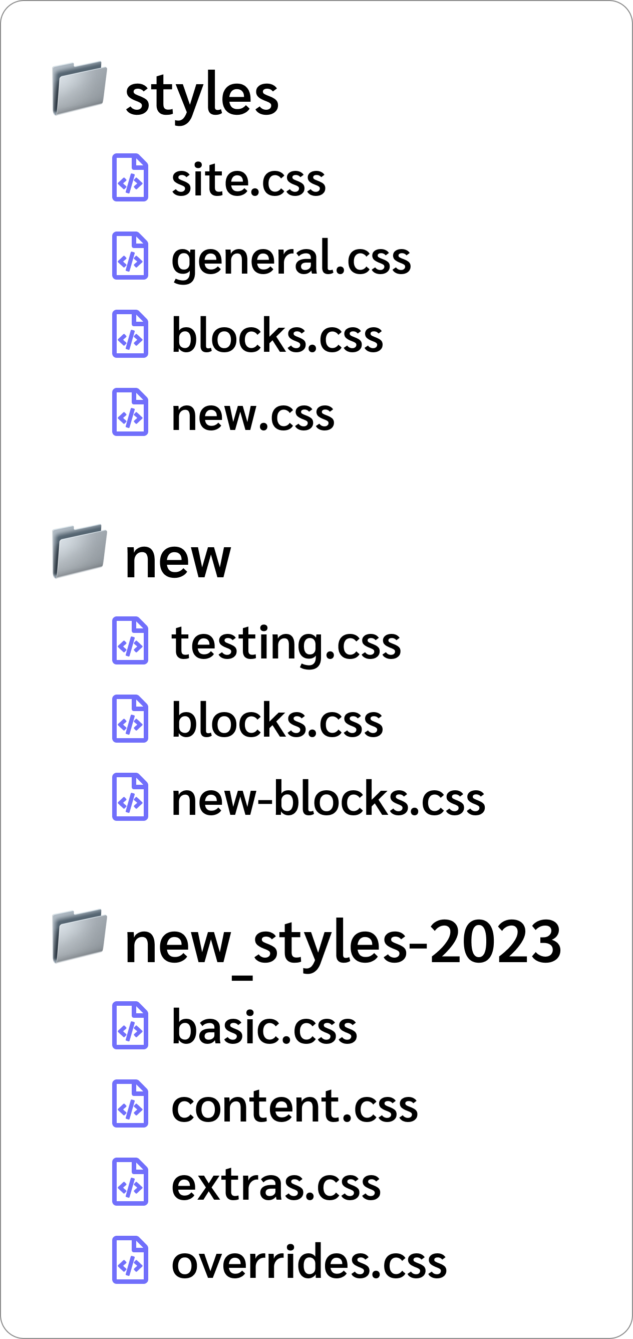 screenshot of messy CSS folder structures