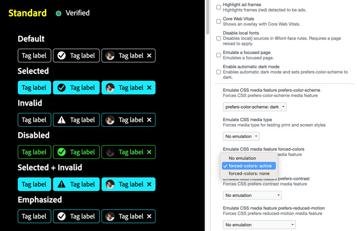 sceenshot of Tag shown with Chrome emulation of high contrast mode and dark mode