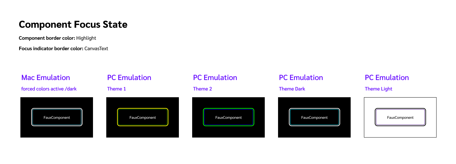 visuals of component border and focus indicator standard selections