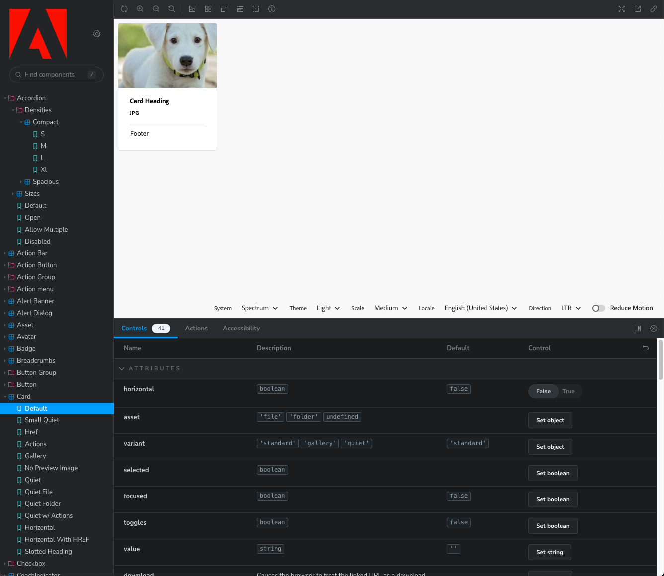 screenshot of Adobe Spectrum Storybook library