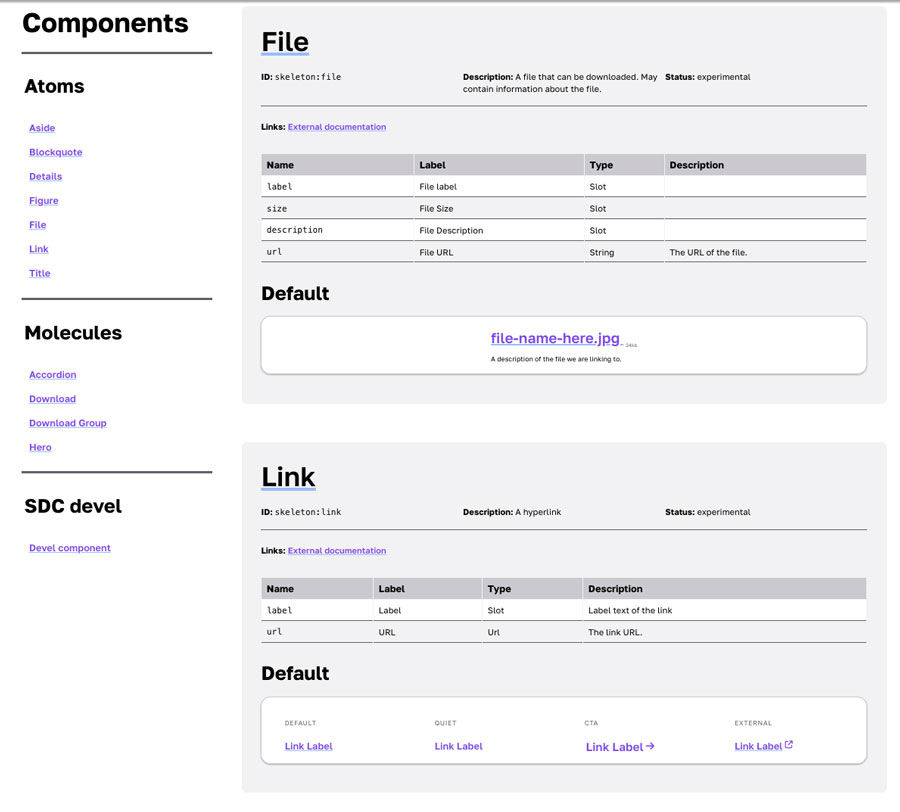 a screenshot of a component library with a menu of components on left, and details and visuals for each component on right